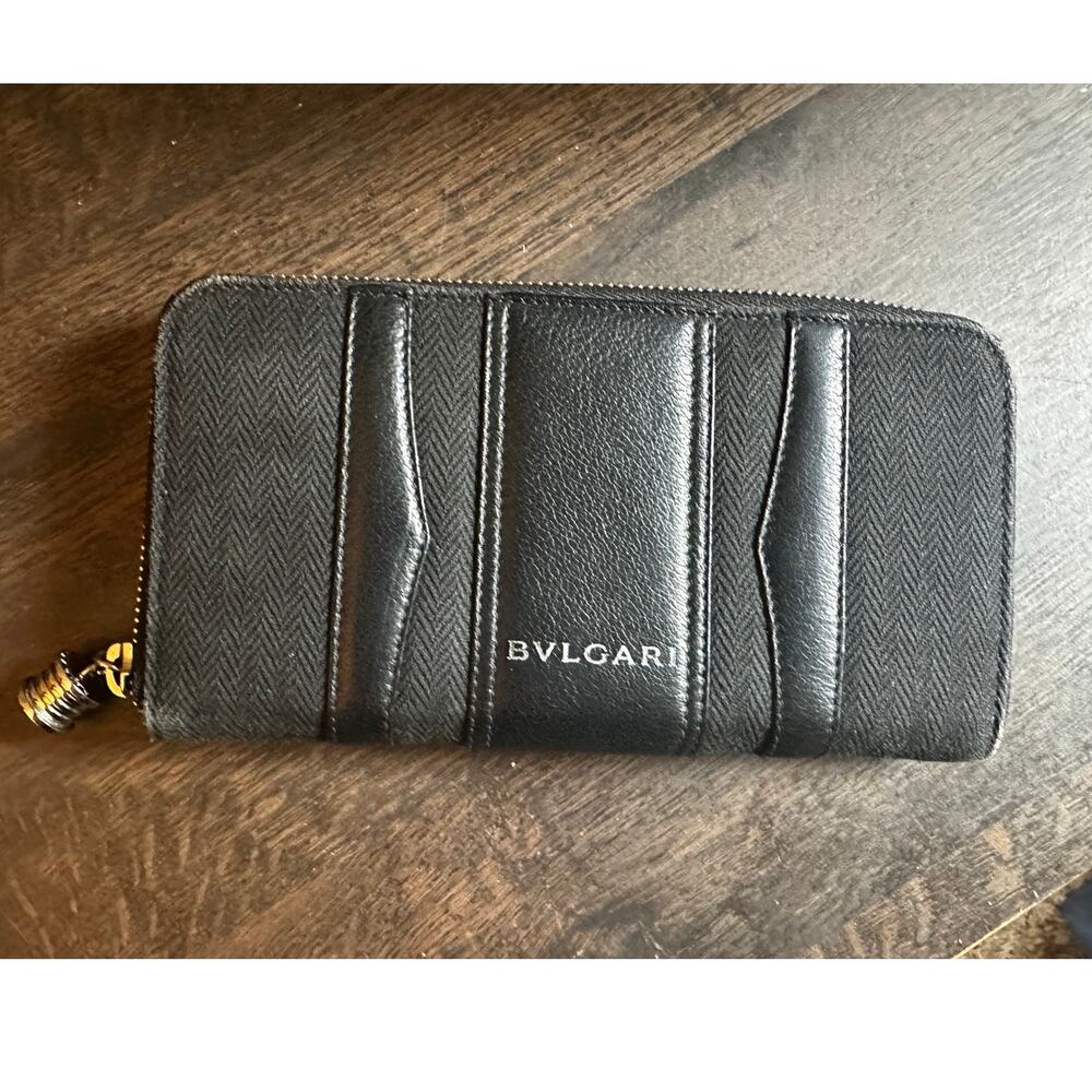 BVLGARI BLACK DENIM AND LEATHER ZIP AROUND WALLET
